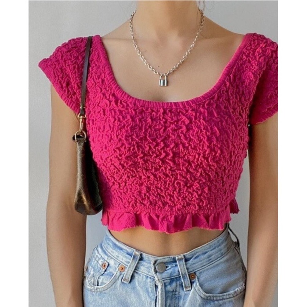 Free People Smocked Bubble Textured Frilly Pink Crop Top Boho Y2K 100% Cotton M